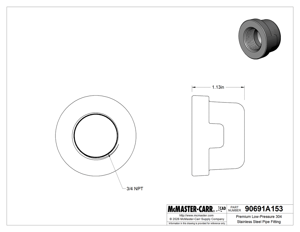 Technical Drawing of Premium Low-Pressure 304 Stainless Steel Pipe Fitting, with Certificate, Cap, 3/4 NPT Female.